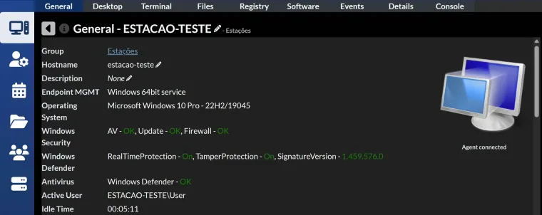 Ficha de uma estação de teste no console: grupo, nome da máquina, sistema operacional, antivírus, atualização e firewall em dia, usuário conectado e o agente conectado, com as abas de tela, terminal, arquivos, software e eventos no alto.